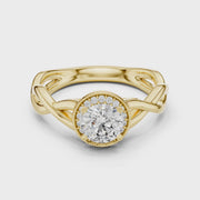 Lab Grown Round Halo Diamond Ring with Twisted Infinity Band in Yellow Gold