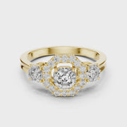 Lab Grown Asscher Cut Three Stone Diamond Ring with Octagon Halo in Yellow Gold