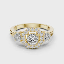 Lab Grown Asscher Cut Three Stone Diamond Ring with Octagon Halo in Yellow Gold