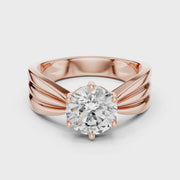 Lab Grown Round Diamond Ring with Wide Grooved Band in Yellow Gold