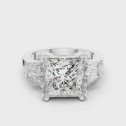 Lab Grown Princess Cut Three Stone Diamond Ring with Tapered Baguette Sides in Yellow Gold