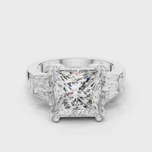 Lab Grown Princess Cut Three Stone Diamond Ring with Tapered Baguette Sides in Yellow Gold
