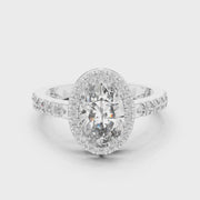 Lab Grown Oval Cut Halo Diamond Ring with Pavé Band in Yellow Gold