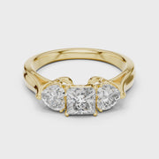 Lab Grown Princess Cut Three Stone Diamond Ring with Heart Side Stones in Yellow Gold