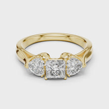 Lab Grown Princess Cut Three Stone Diamond Ring with Heart Side Stones in Yellow Gold