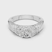 Lab Grown Three Stone Diamond Ring with Filigree Scrollwork in Two-Tone Gold