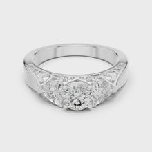 Lab Grown Three Stone Diamond Ring with Filigree Scrollwork in Two-Tone Gold