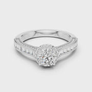 Lab Grown Round Halo Diamond Ring with Baguette Milgrain Band in Yellow Gold