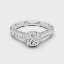 Lab Grown Round Halo Diamond Ring with Baguette Milgrain Band in Yellow Gold
