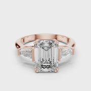 Lab Grown Emerald Cut Three Stone Diamond Ring with Tapered Baguette Sides in Yellow Gold