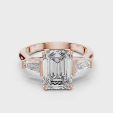 Lab Grown Emerald Cut Three Stone Diamond Ring with Tapered Baguette Sides in Yellow Gold