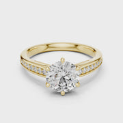 Lab Grown Round Diamond Solitaire Ring with Pavé Shoulders in Yellow Gold
