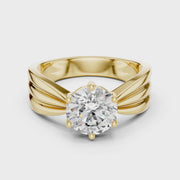Lab Grown Round Diamond Ring with Wide Grooved Band in Yellow Gold