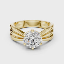Lab Grown Round Diamond Ring with Wide Grooved Band in Yellow Gold