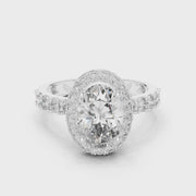 Lab Grown Oval Cut Halo Diamond Ring with Pave Band in Yellow Gold