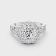 Lab Grown Round Cut Halo Diamond Ring with Split Shank Pave Band in Yellow Gold