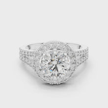 Lab Grown Round Cut Halo Diamond Ring with Split Shank Pave Band in Yellow Gold
