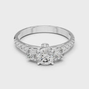 Lab Grown Round Three Stone Diamond Ring with Pavé Accent Band in Yellow Gold