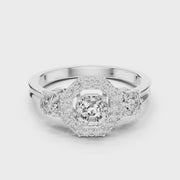 Lab Grown Asscher Cut Three Stone Diamond Ring with Octagon Halo in Yellow Gold