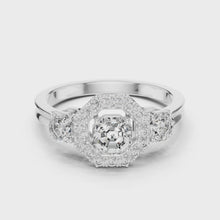 Lab Grown Asscher Cut Three Stone Diamond Ring with Octagon Halo in Yellow Gold
