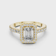 Lab Grown Emerald Cut Halo Diamond Ring with Pavé Band in Yellow Gold