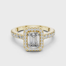 Lab Grown Emerald Cut Halo Diamond Ring with Pavé Band in Yellow Gold