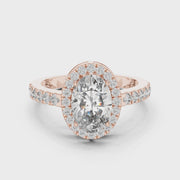 Lab Grown Oval Cut Halo Diamond Ring with Pavé Band in Yellow Gold