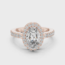 Lab Grown Oval Cut Halo Diamond Ring with Pavé Band in Yellow Gold