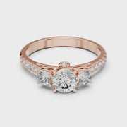 Lab Grown Round Three Stone Diamond Ring with Pavé Accent Band in Yellow Gold