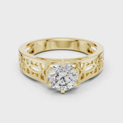 Lab Grown Round Diamond Ring with Openwork Lattice Band in Yellow Gold