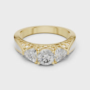 Lab Grown Three Stone Diamond Ring with Filigree Scrollwork in Two-Tone Gold