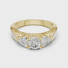 Lab Grown Three Stone Diamond Ring with Filigree Scrollwork in Two-Tone Gold