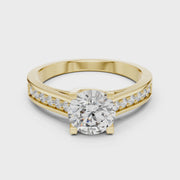 Lab Grown Round Solitaire Diamond Ring with Channel-Set Diamond Shoulders in Yellow Gold