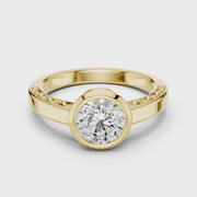 Lab Grown Round Bezel Set Diamond Ring with Scroll Detail in Yellow Gold