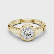 Lab Grown Round Bezel Set Diamond Ring with Scroll Detail in Yellow Gold