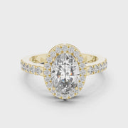Lab Grown Oval Cut Halo Diamond Ring with Pavé Band in Yellow Gold