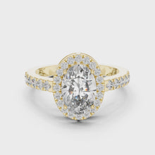 Lab Grown Oval Cut Halo Diamond Ring with Pavé Band in Yellow Gold