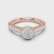 Lab Grown Round Halo Diamond Ring with Baguette Milgrain Band in Yellow Gold