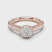 Lab Grown Round Halo Diamond Ring with Baguette Milgrain Band in Yellow Gold