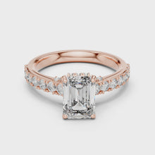Lab Grown Emerald Cut Diamond Ring with Hidden Halo & Pave Band in Yellow Gold
