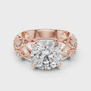 Lab Grown Round Diamond Ring with Vintage Filigree Scroll Band in Yellow Gold