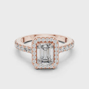Lab Grown Emerald Cut Halo Diamond Ring with Pavé Band in Yellow Gold