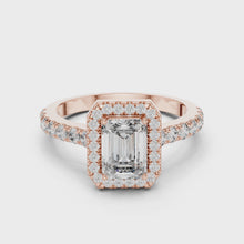 Lab Grown Emerald Cut Halo Diamond Ring with Pavé Band in Yellow Gold