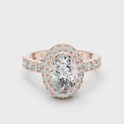 Lab Grown Oval Cut Halo Diamond Ring with Pave Band in Yellow Gold