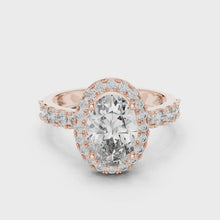 Lab Grown Oval Cut Halo Diamond Ring with Pave Band in Yellow Gold