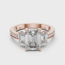 Lab Grown Emerald Cut Three Stone Diamond Ring with Accent Band in Yellow Gold