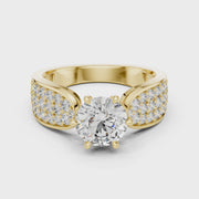 Lab Grown Round Diamond Ring with Wide Pavé Band in Yellow Gold
