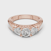 Lab Grown Three Stone Diamond Ring with Filigree Scrollwork in Two-Tone Gold