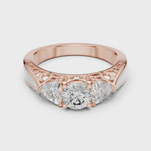 Lab Grown Three Stone Diamond Ring with Filigree Scrollwork in Two-Tone Gold