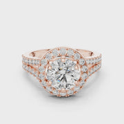 Lab Grown Round Cut Halo Diamond Ring with Split Shank Pave Band in Yellow Gold